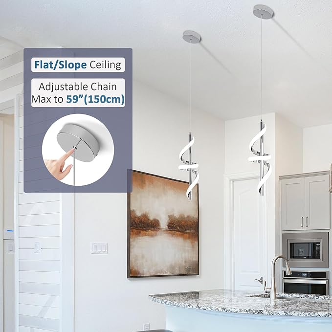 CANEOE Modern Pendant Light Kitchen Island Lighting 6000K Chrome LED Pendant Light Fixtures Over Island Adjustable Height Pendant Lighting for Kitchen Island Dining Room Bedroom Pendant Lamp,1 Pack