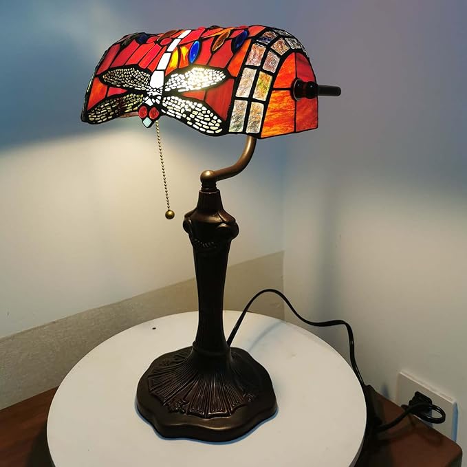 Bieye L10057 Dragonfly Tiffany Style Stained Glass Bankers Desk Lamp Table Lamp for Reading Working Home Decoration, 10" W x 16" H (Red)