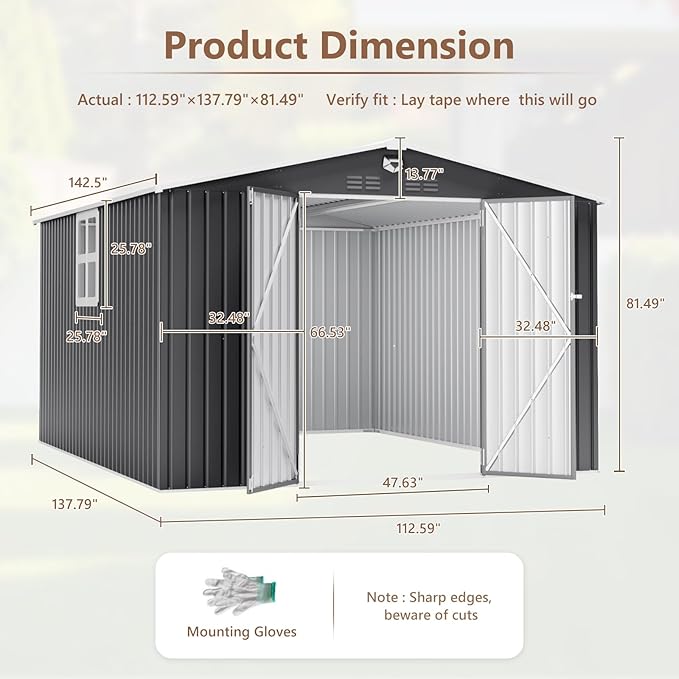 10x12 FT Outdoor Storage Shed, Metal Sheds & Outdoor Storage, Waterproof Sheds with Lockable Doors for Backyard (Black, Lighting Window)