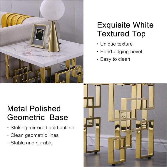 AUZ Gold End Table, Modern Square Living Room Side Table with White Top and Gold Mirrored Metal Geometric Base