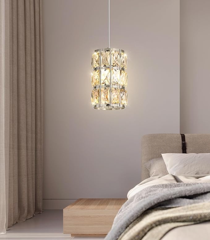 1-Lights Modern Crystal Pendant Lights for Kitchen Island LED Dimmable Glam Pendant Lighting Chandelier for Dining Room Hallway Corner Lamp Nickel