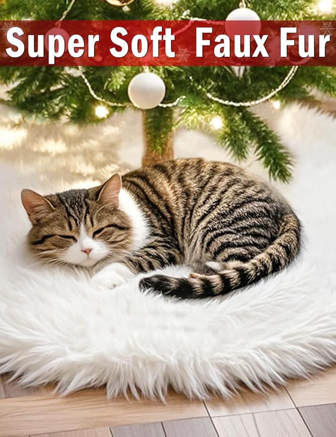48 Inch Faux Fur Christmas Tree Skirt, Fluffy Plush Skirt for Christmas Tree, White Christmas Tree Rug Skirt Perfect for Christmas Party Decorations