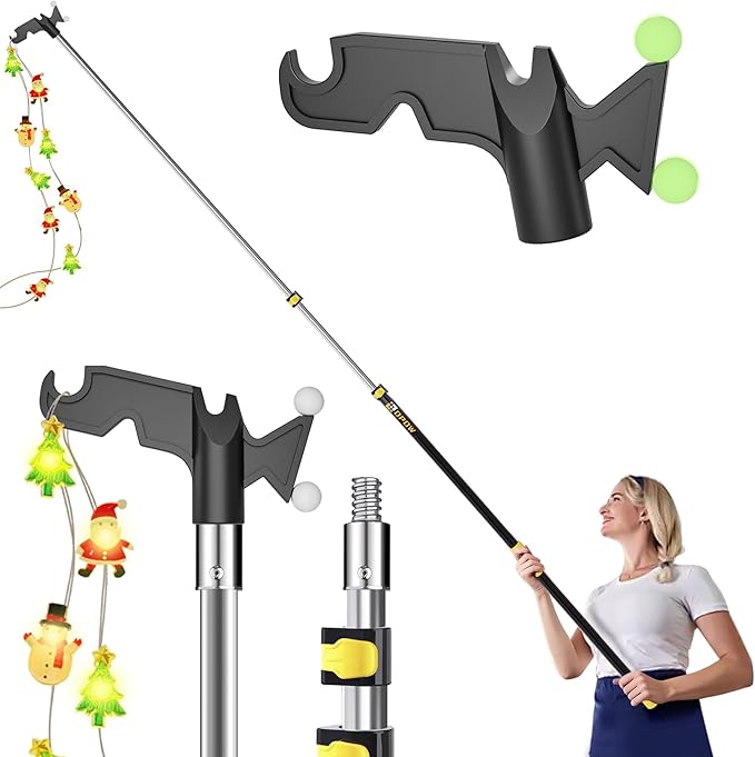 4-12 FT Christmas Light Telescopic Hanger Pole with Utility Hook, Stand Reach 30 Feet Long 3/4 inch Threaded Pole Reaching High Place for Hanging and Installation Lights String, Clothes and Birdfeeder