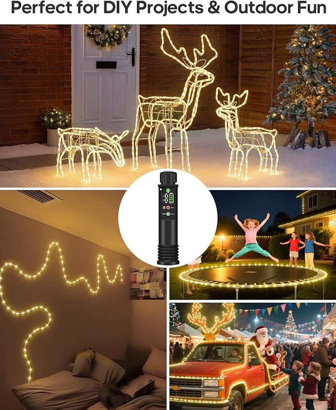 Rechargeable Rope Lights, Outdoor Waterproof String Lights with 1200mah Portable Rechargeable Battery, Timing & 8 Modes for Party Christmas Camping DIY Tree Trampoline (Warm White, 39FT)