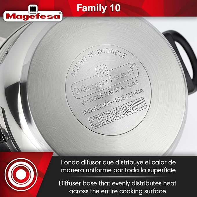 MAGEFESA Family 10-Piece Cookware Set, Crafted from Stainless Steel, Easy to Clean and Dishwasher Safe, Soft-Touch Bakelite Handles for a Comfortable Grip