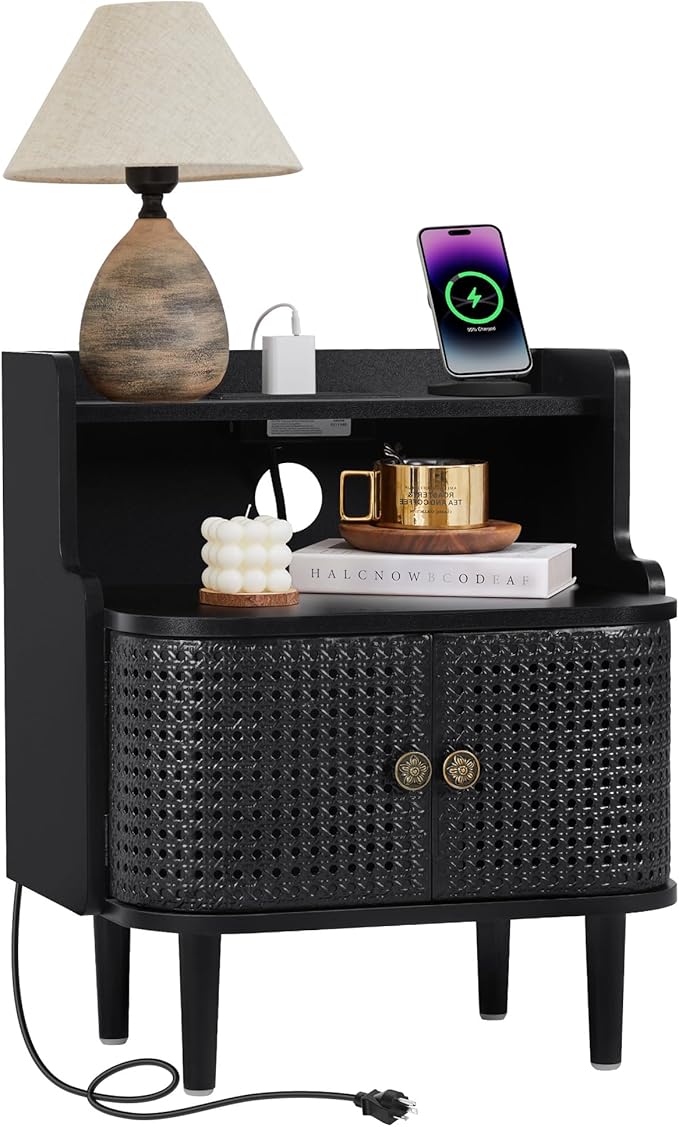 Metal Rattan End Table with Charging Station, Mid Century Modern Nightstand with 2 Doors, Bed Side Table with Storage for Couch,Living Room,Small Spaces, Sofa Side Table for Office,Dorm - Black