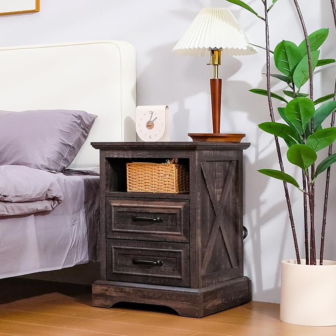 ALBAD Farmhouse Nightstand with Charging Station Rustic Bedside Table with 2 Drawers and Cubby Storage End Table with Metal Handle for Bedroom Office, Walut Brown