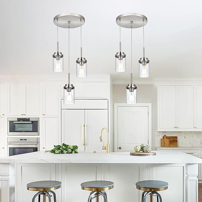 MELUCEE 3-Light Hanging Chandelier Light for Dining Room in Brushed Nickel, Modern Kitchen Island Pendant Lighting Adjustable Hanging Ceiling Lamp with Clear Glass Shade