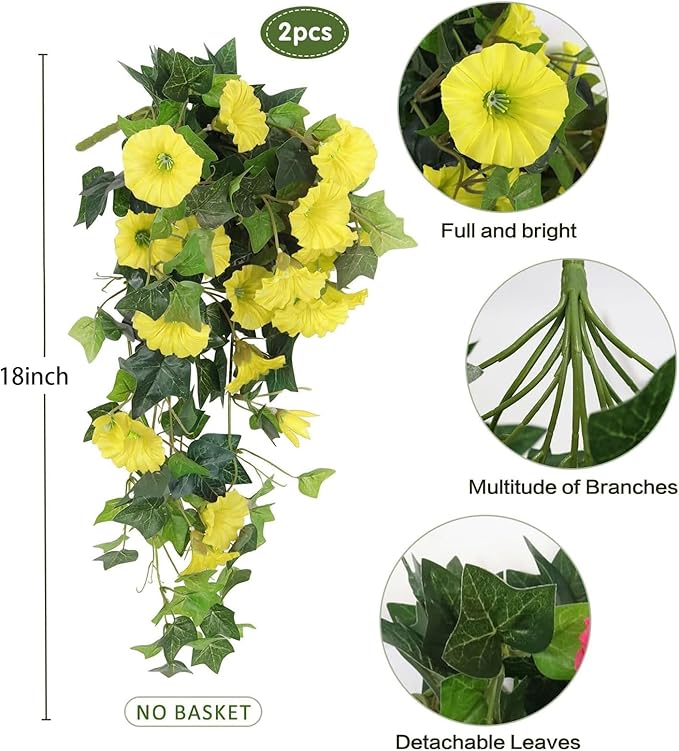 RECUTMS Artificial Fake Hanging Flowers Plants for Outdoor Decoration, 2 Pcs UV Resistant Faux Petunias Trailing Plants Realistic Flower Look Real for Door Wall Yard Porch Garden Planter (Yellow)