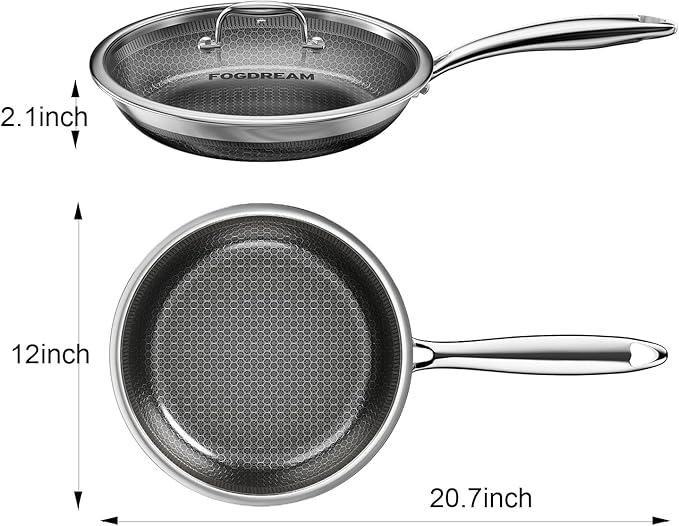 Fogdream 12” Non Stick Frying Pans, Stainless Steel Skillet with Lid, Tri-Ply Stainless Steel for All Cooktops, Dishwasher and Oven-Safe Cooking Pan, Stay-Cool Handle, Silver
