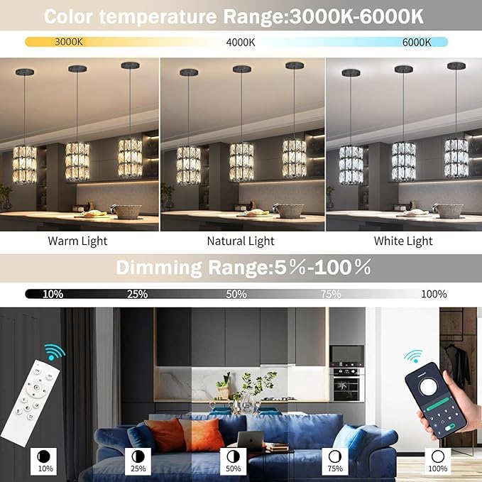 3 Pack Modern Crystal Pendant Lights for Kitchen Island LED Dimmable Glam Pendant Lighting Chandelier for Dining Room Hallway Corner Lamp Gold