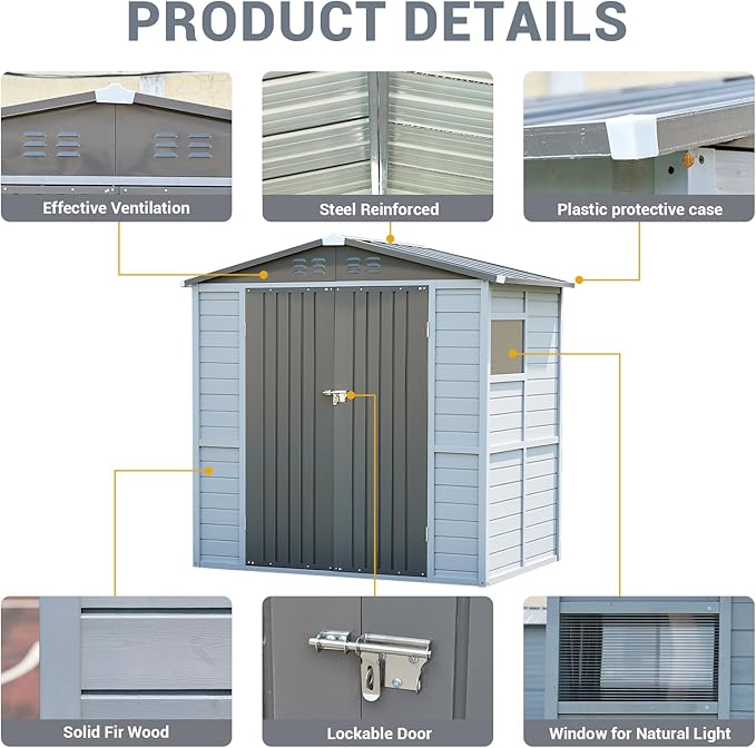 4x6FT Wood & Metal Outdoor Storage Shed, Tool Shed with Sloping Roof and Lockable Door, Shed for Backyard Garden Patio Lawn