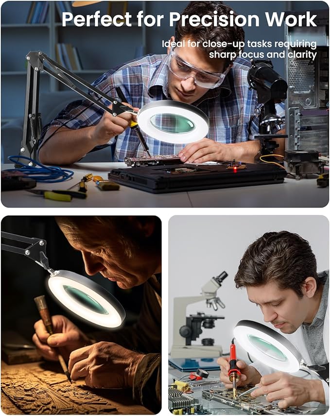 UBeesize 10X Magnifying Glass with Light and Stand, Lighted Magnifying Glasses for Close Work, Reading, Crafts, Jewelry, Sewing, Soldering, Desk Lamp with Clamp with Adjustable Brightness