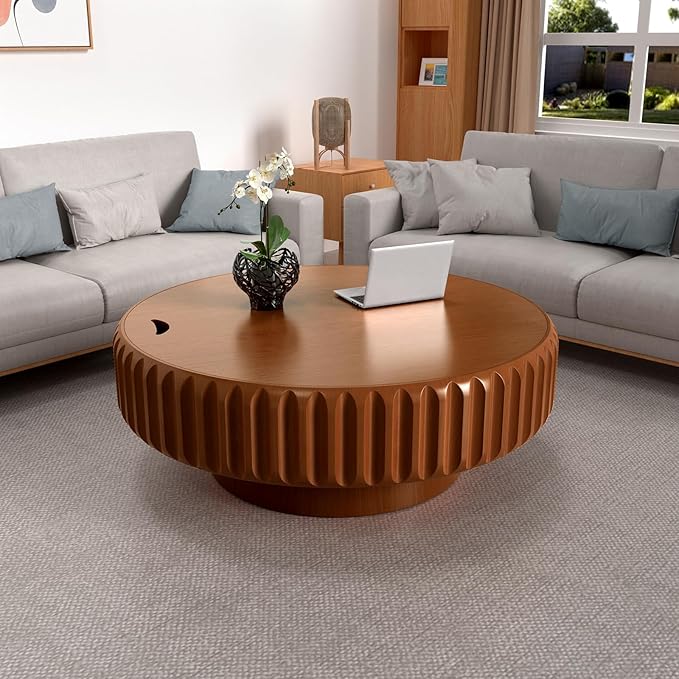 39.37" Round Drum Coffee Table with Storage Retro Rustic Center Table - Solid Wood Handcrafted Relief Veneer for Farmhouse Apartment (B Round 39.37in)