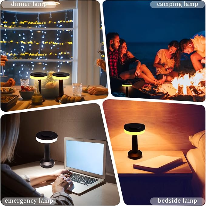 Riakrum 2 Pcs LED Portable Cordless Table Lamp with Touch Sensor 3 Color Stepless Dimming Rechargeable Battery up to 15 Hours Cordless Table Light Wireless Lamp for Nursery (Black)