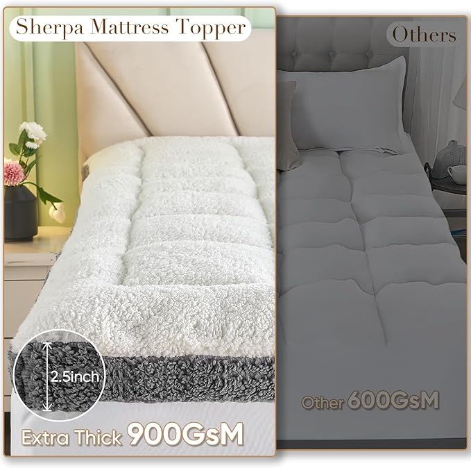 Cymula Full Size Mattress Topper for Winter Sherpa Pillow Top Mattress Pad Topper with 8-21 Inch Elasticated Deep Pockets, Plush Down Alternative Fill Mattress Protector, White