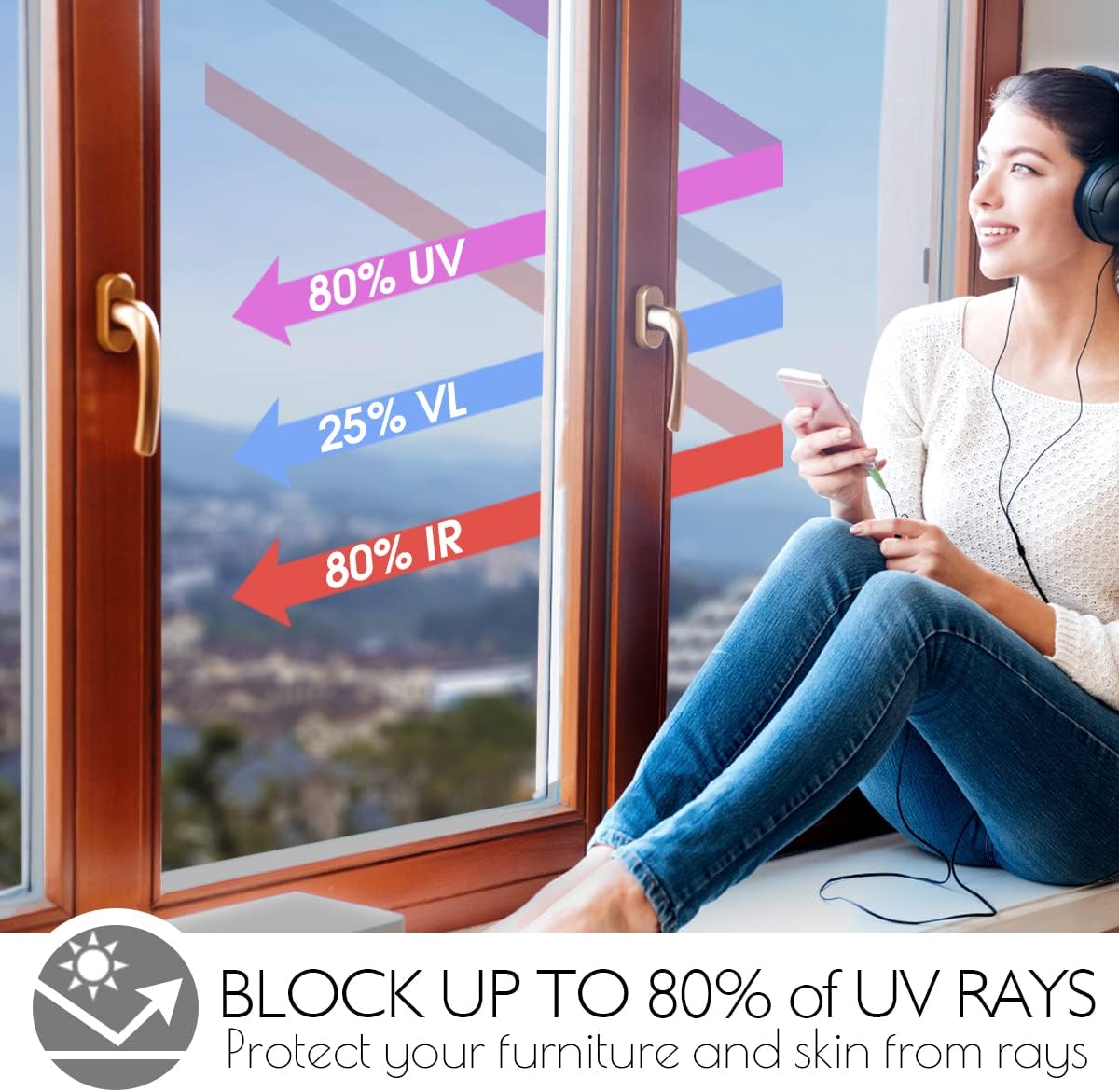HIDBEA One Way Privacy Window Film, Daytime Mirror Reflective Heat Control UV Sun Blocking Non-Adhesive Static Cling Window Tint for Home and Office(Silver, 41.3 Inch x 6.5 Feet)