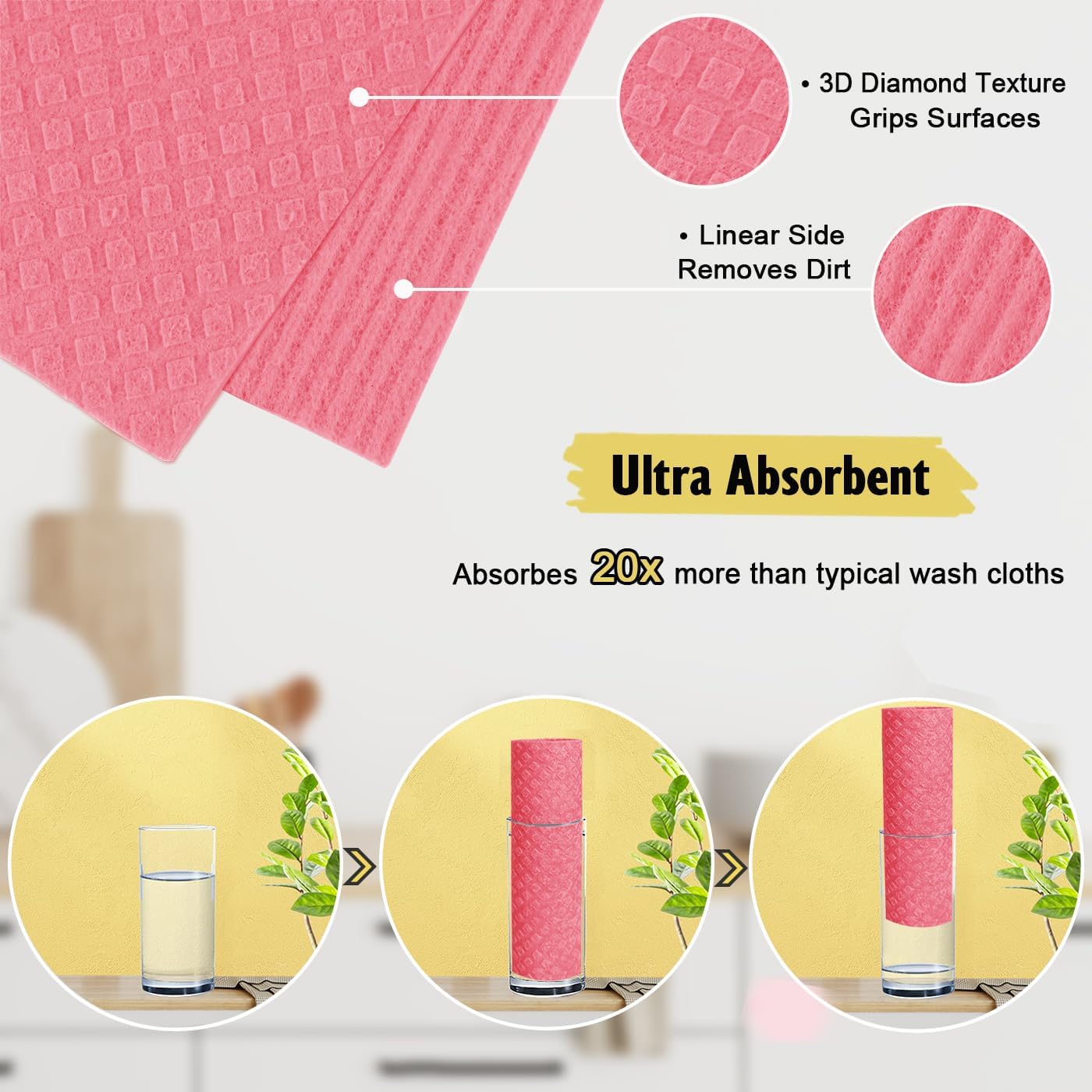 Swedish Dishcloths for Kitchen | 6 Pack Absorbent Cellulose Sponge Cloths Washable | Non-Scratch Reusable Paper Towels Quick Drying Cleaning Cloths - Pink