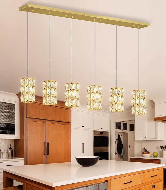 6-Lights Rectangle Modern Crystal Pendant Lights for Kitchen Island LED Dimmable Glam Pendant Lighting Chandelier for Dining Room Hallway Corner Lamp Gold