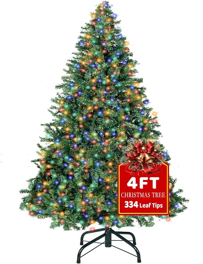 4FT Christmas Tree with Lights,Artificial Christmas Tree with 100 LED Lights and 334 Branch Tips,Xmas Tree with Foldable Stand Perfect for Indoor&Outdoor,Christmas Decoration for Party by DNKMOR