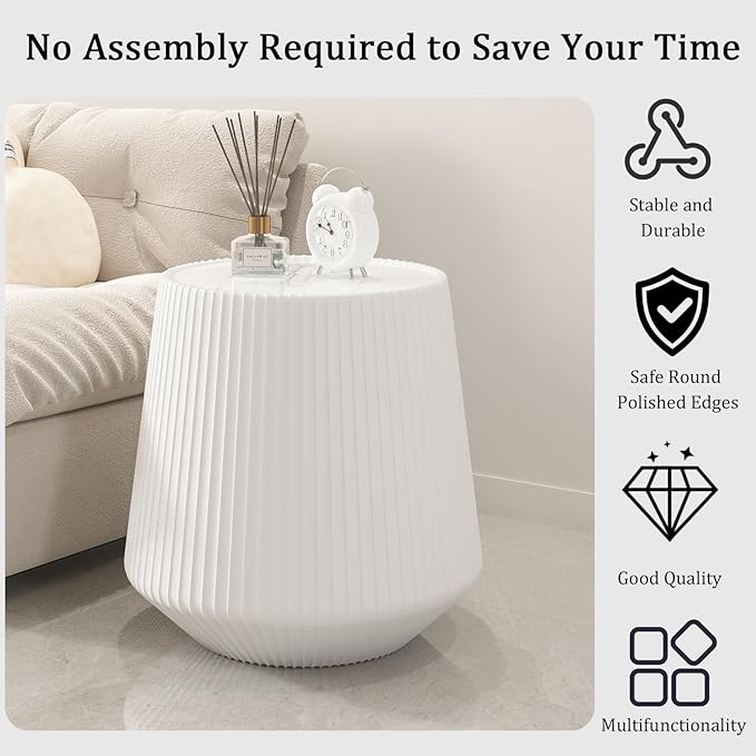 Round Living Room Table Set, 26.77" Grey Drum Center Table and 19.68" White Coffee Table Set, 2 Pieces Coffee Table Set with Sintered Stone Tabletop, Fluted PU Leather Covered and StableBase