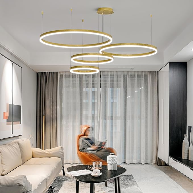 Modern LED Chandelier Light, 4 Ring Gold Pendant Lighting Fixture, Adjustable Hanging Ceiling Lamp for Dining Room, Kitchen Island, Entryway, Living Room, Dimmable Dining Light Over Table