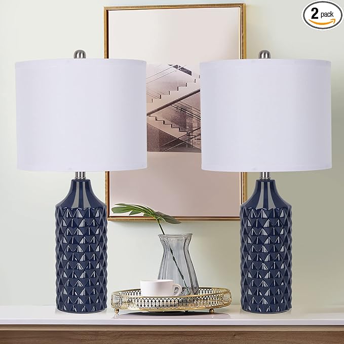 Modern Ceramic Table Lamp, Set of 2 - Navy Blue with Diamond Protrusions Texture, 25'' Nightstand Lamp for Bedroom Living Room, 3-Way Dimmable Included