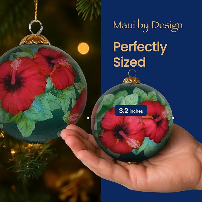 Collectible Maui Christmas Ornament Red Hibiscus Hand Painted from Inside The Glass with Gift Box HCC/M