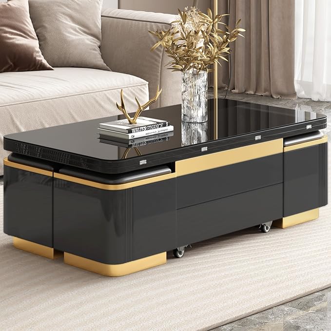 Lift Top Coffee Table with 4 Storage Stools, 3 in 1 Multi-Functional Coffee Table with Drawers, Convertible Table with Hidden Compartment Storage for Living Room, Apartment, Home, Black