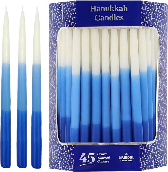 Deluxe Tapered Hanukkah Menorah Tri Color Blue, Blue, and White, Candles for All 8 Nights of Chanukah (24-Pack)