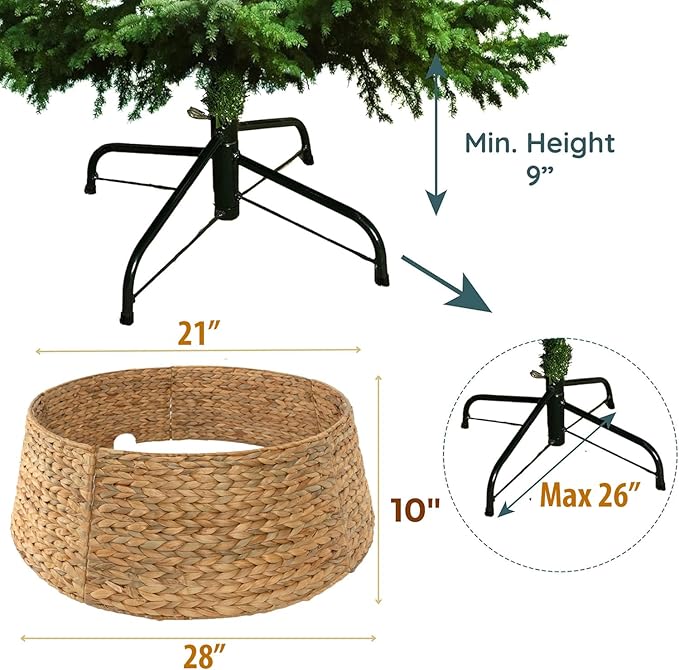 CLAYNIX Tree Collar - Large to Small Christmas Tree, 28" Christmas Tree Ring Adjustable Water Hyacinth Skirt, Christmas Tree Skirt for Decoration, Base Protection from Pets
