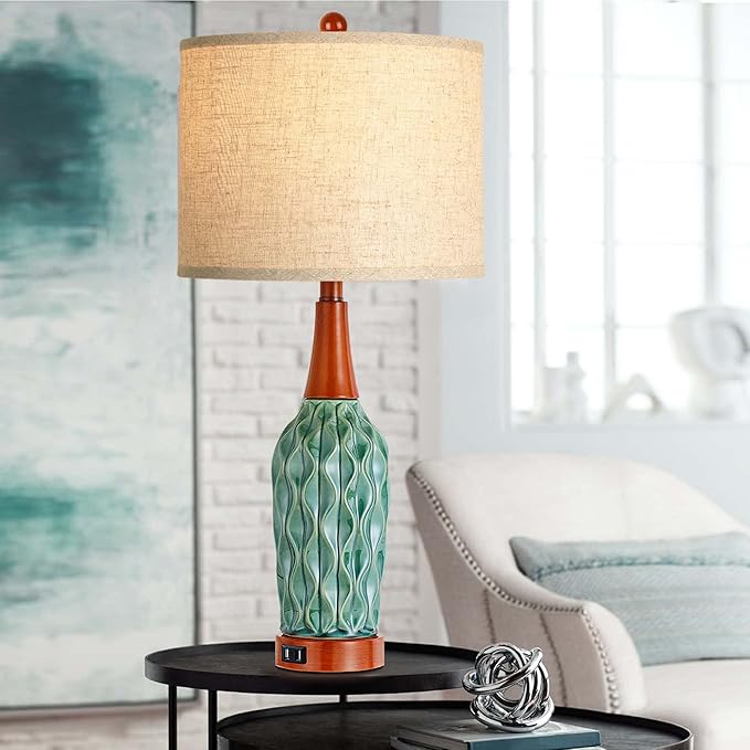 Vintage Table Lamps for Living Room Set of 2, Retro Bedside Lamp for Bedroom with USB Port, MCM Teal Ceramic 3-Way Dimmable Nightstand Lamp with Oatmeal Linen Shade (Bulb Included)