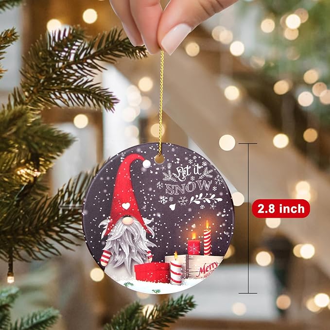 Mini Christmas Tree Ornaments Decorated Gnome Christmas Ornament Ceramic Xmas Tree Decorations Gift Cute Small Round Unique Snow Ornaments