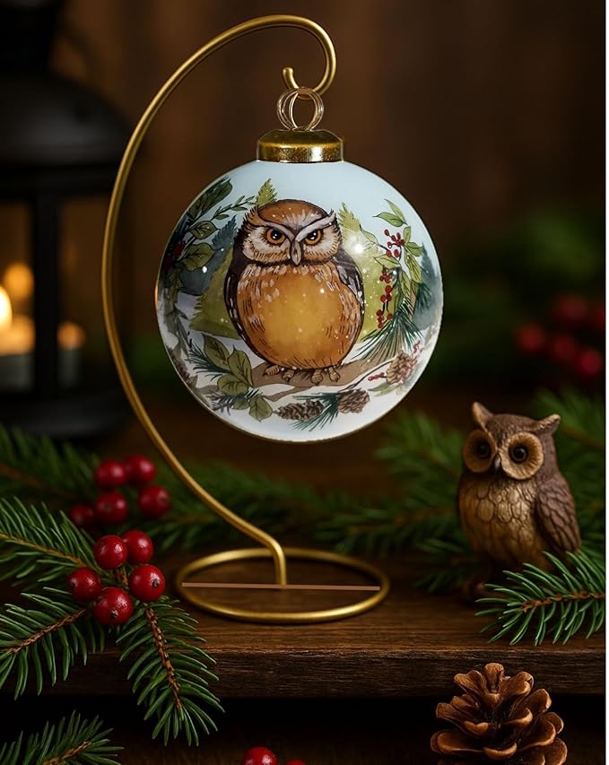 Hand-Painted Glass Owl Ornament – Woodland Forest Bird Collectible with Evergreen Tree Backdrop – Winter Wildlife Christmas Decoration – 3” Round Reverse-Painted Ornament with Gift Box