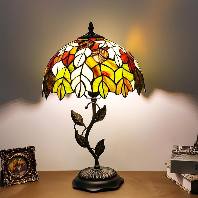 Stained Glass Table Lamp, Maple Leaf Style Metal Leaf Base Desk Reading Light 12X12X19 Inches Decor for Bedroom Living Room Office