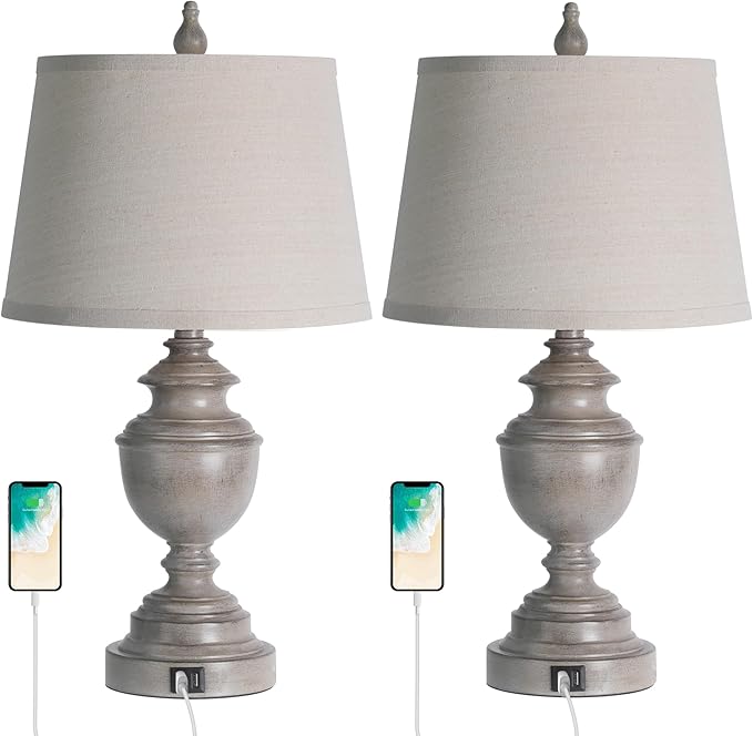 Gray Table Lamps for Bedroom Set of 2 with USB Port, Vintage 3-Way Dimmable Touch Control Nightstand Lamps, Bedside Lamps for Living Room, Farmhouse Lamps with Tapered Linen Drum Shade, Bulbs Included