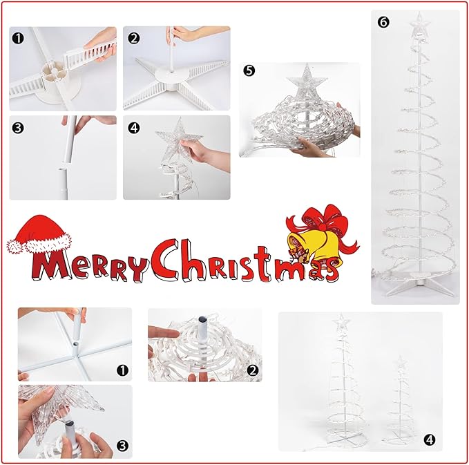 Set of 3 Spiral Outdoor Lighted Christmas Tree, 3/4/6 Feet Christmas Lights with 7" Star Topper, UL Certification Collapsible Spiraling Tree Light Kit for Xmas Patio Wedding Decoration, Warm White