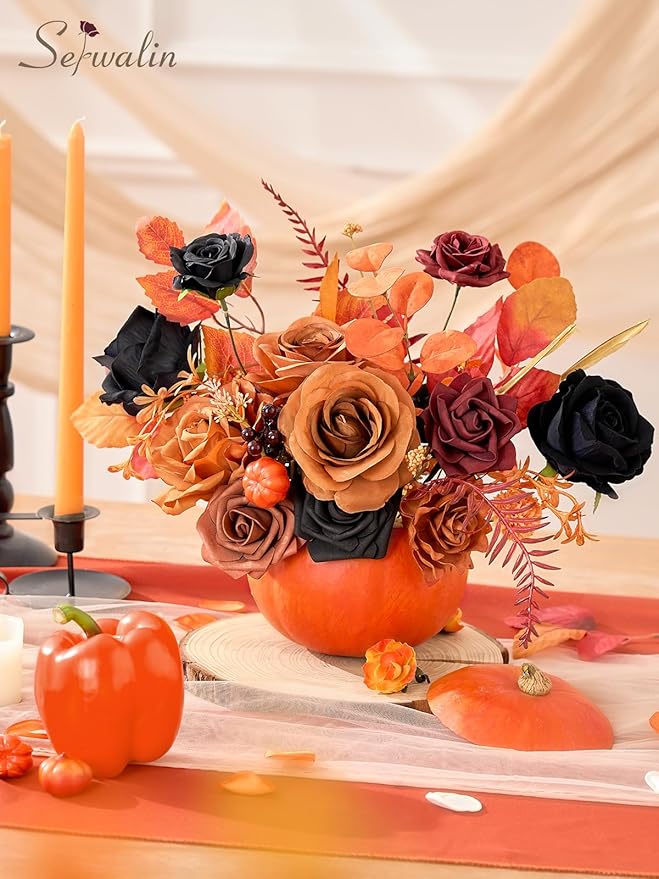 Serwalin Artificial Orange & Black Flowers, Silk Fake Flowers, Autumn Faux Flowers for Wedding Bouquet, Table Centerpieces, Home Decor