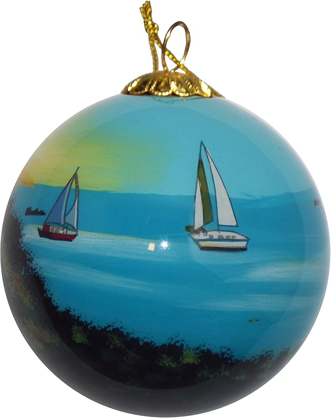 Hand Painted Glass Christmas Ornament - Sailboats View from Hill St. Maarten