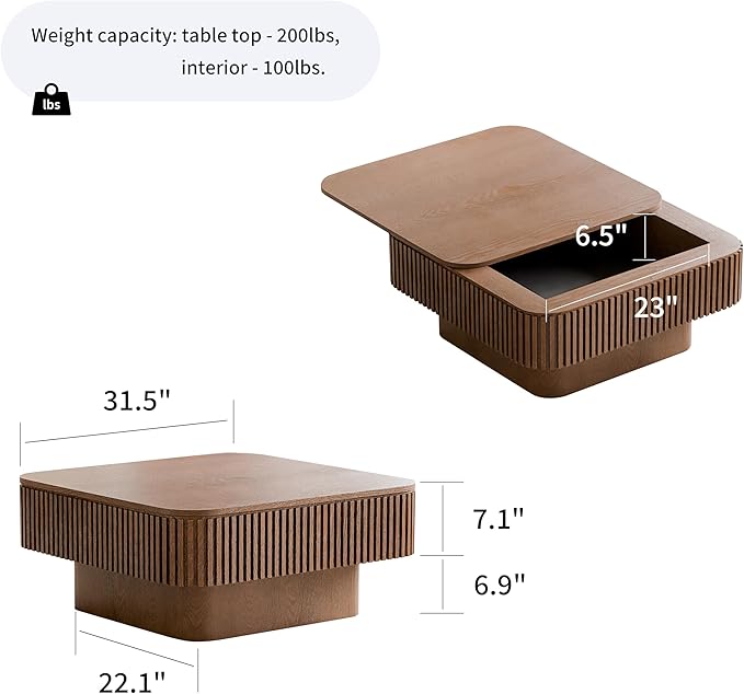 31.5'' Square Coffee Table with Storage, Mid Century Modern Fluted Drum Center Tables with Lid, Solid Wood Modern Coffee Table Accent Tea Table for Living Room, Bedroom, Apartment or Office, Walnut