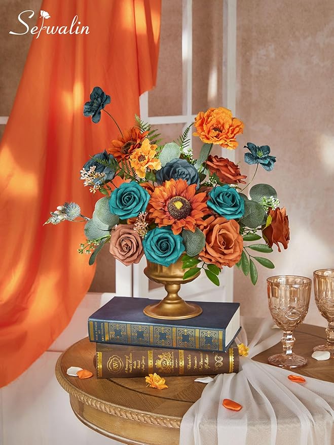 Serwalin Artificial Burnt Orange & Teal Flowers, Orange Silk Fake Flowers, Autumn Faux Sunflowers for Wedding Bouquet, Table Centerpieces, Home Decor