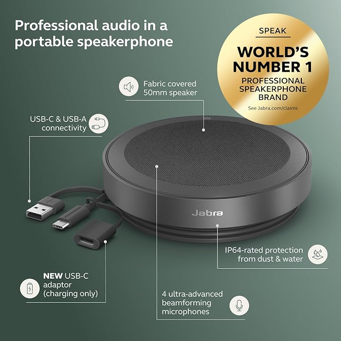 Jabra Speak2 75 (2025 Edition) Wireless Bluetooth Speakerphone - 4 Noise-Cancelling Mics, 65mm Speakers - New Linking Feature - USB-A & USB-C Adapter - Certified for Microsoft Teams - Dark Grey