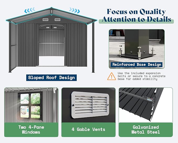 AMERLIFE 10x16.6x7.3 FT Outdoor Storage Shed with Lounge Area, Metal Garden Shed with Sliding Doors, 2 4-Pane Windows & 4 Vents, Heavy-Duty Weather-Resistant Steel for Garden & Backyard, Dark Gray