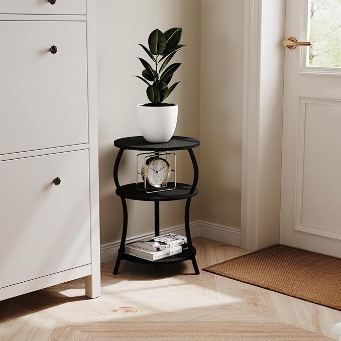 Round Side Table, 3-Tier Waist End Table with Storage Shelf, Side Tables Living Room,15.75x24’’Round Table, Sofa Side Table, Snack Table TV Tray Table, Vintage Nightstand for Bedroom,Black