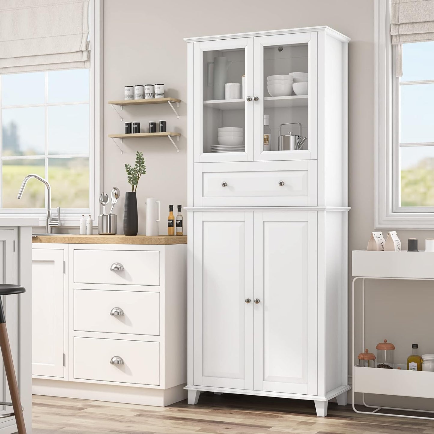 76'' Kitchen Pantry Storage Cabinet, Freestanding Kitchen Cupboard with Large Drawer, Doors, and Adjustable Shelves, Bathroom Storage Cabinet for Dining Room, Living Room, Laundry, White