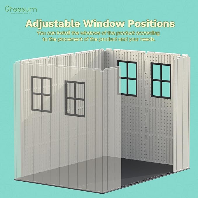 Greesum 8×6 FT Plastic Outdoor Storage Shed with Floor, Resin Sheds with Window and Lockable Door, Weather Resistant Organization for Garden, Lawn, Pool Supplies, Beige