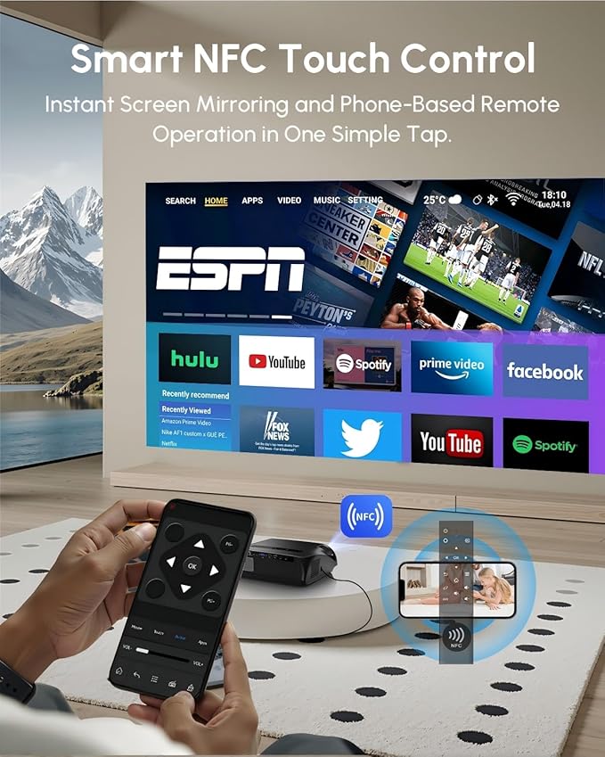 Ultra HD Projector 4K with WIFI6 and Bluetooth,1800ANSI Lumen High Brightness Daytime Proyector Smart Android TV HDR NFC Casting DSP Stereo HDMI 2.1 ARC for Home Theater Outdoor Movie Gaming Ceiling