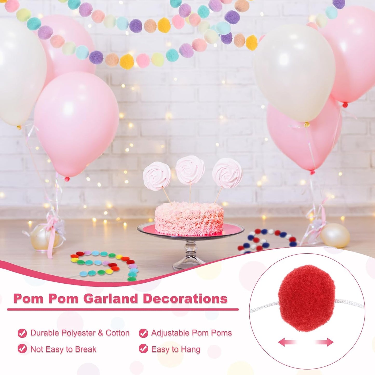 PATIKIL 26Ft Pom Pom Garland Decorations, 4Pcs Colorful Felt Ball Garland Banner Cute Rainbow Pompom Hanging Decorations for Tree Ornaments Homes Decor, Red/White/Blue