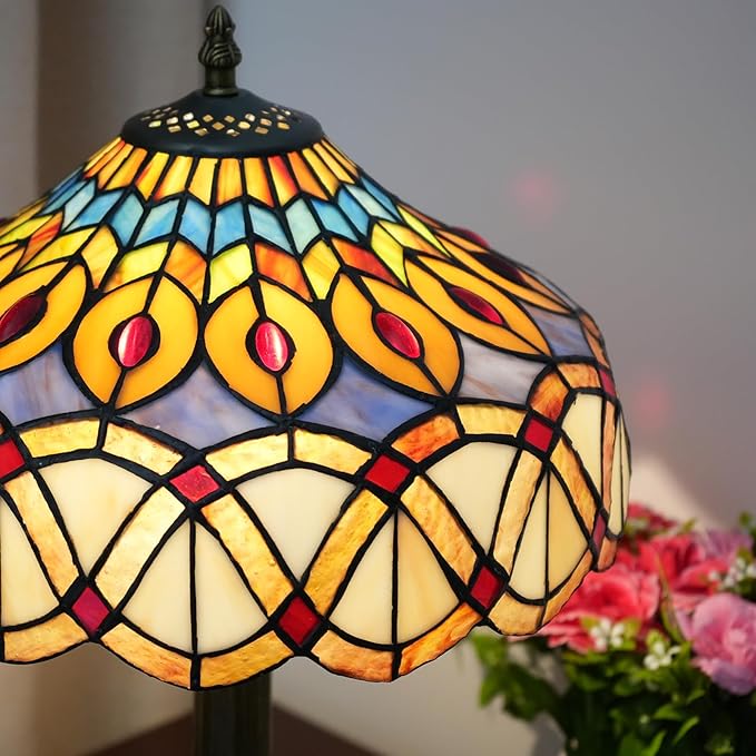 Yellow Peacock Tail Tiffany Table Lamp 12 inch Stained Glass Desk Lamp Vintage Reading Light for Living Room Bedroom Wedding Room Home Office Antique Decorative Light