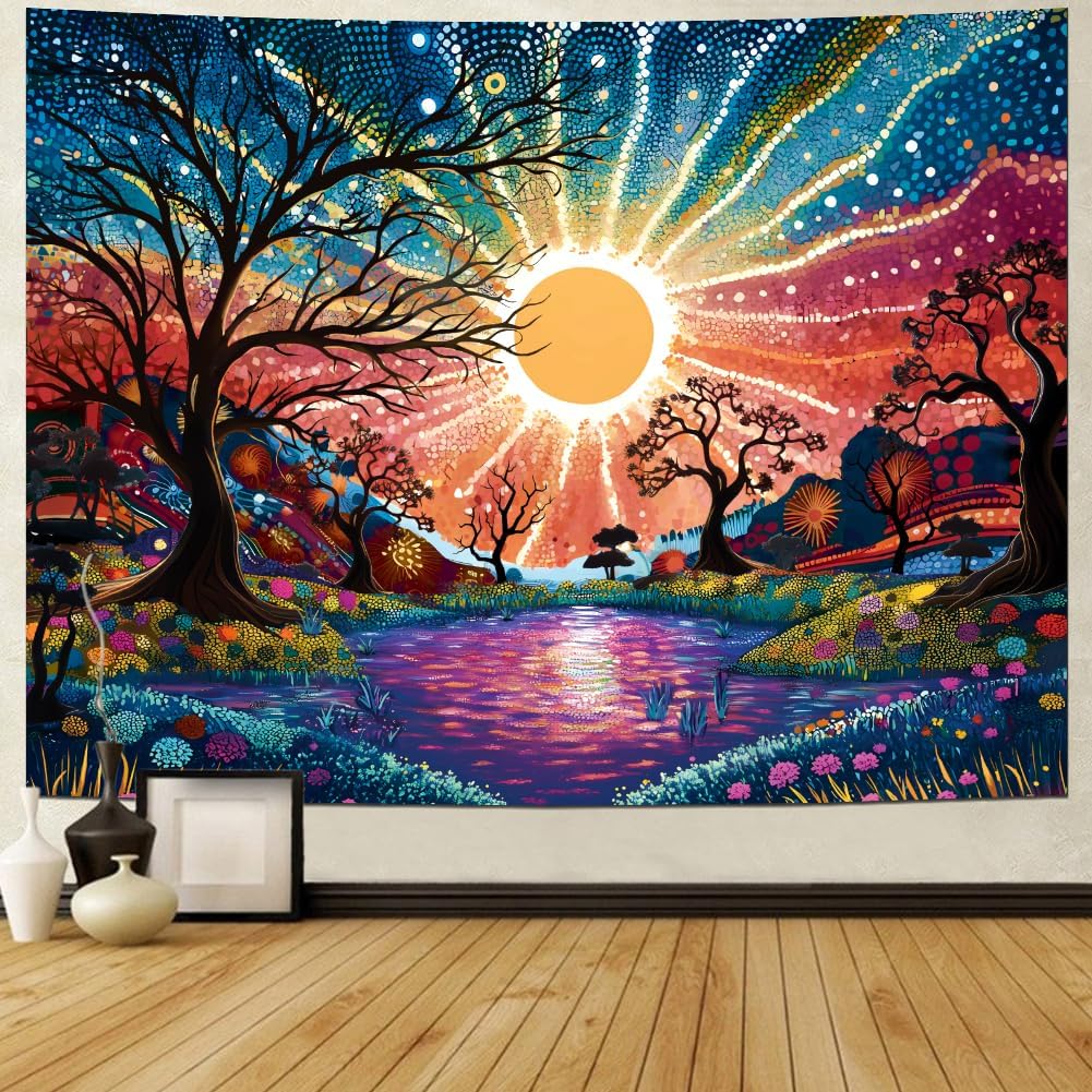 Serborlur Tree of Life Tapestry Trippy Sun Forest Tapestries Colorful Starry Sky Tapestries Hippie Nature Landscape Tapestry Wall Hanging for Bedroom (39.4" x 52.4")